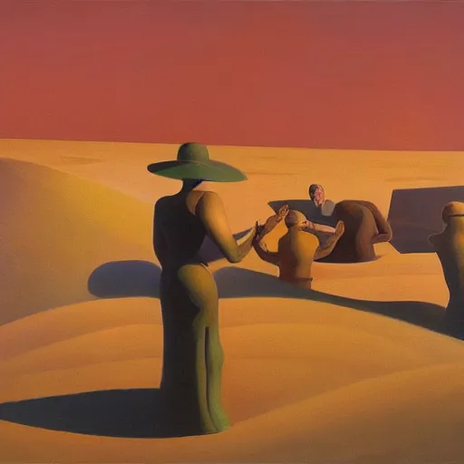 Image similar to refuge on arrakis, pj crook, grant wood, edward hopper, syd mead, chiaroscuro, oil on canvas