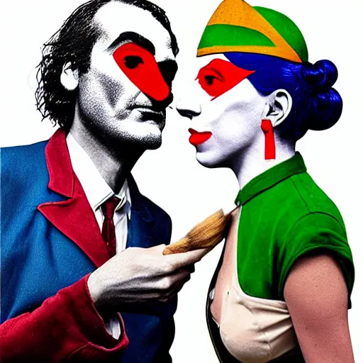 Prompt: richard hamilton and mimmo rottela and banksy as joaquin phoenix skinny joker holding hand lady gaga harley queen, ultra photorealistic, intricate details, pop art style, concept art, ultrarealistic, 3 colors, 4 d, smooth, sharp focus