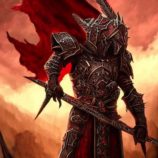 Image similar to blood paladin, fantasy art, located in a castle, legendary spiky armor, red sunlight through the window, decorated, high quality, highly detailed,