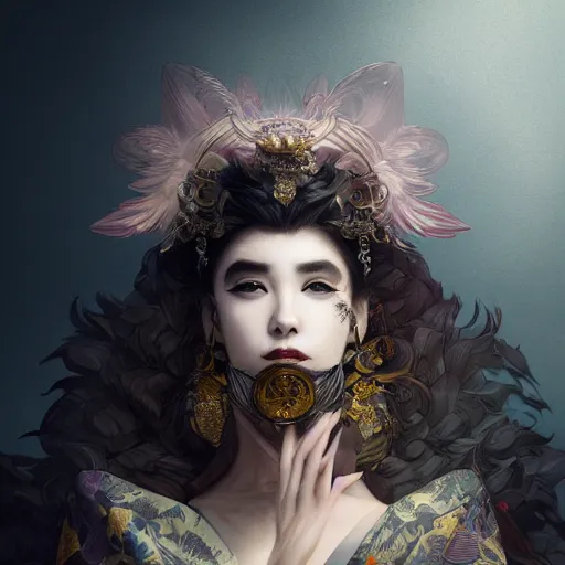 Image similar to a photorealistic dramatic fantasy render of a beautiful woman wearing a beautiful intricately detailed japanese crow kitsune mask and clasical japanese kimono by wlop, artgerm, greg rutkowski, alphonse mucha, beautiful dynamic dramatic dark moody lighting, shadows, cinematic atmosphere, artstation, concept design art, octane render, 8 k