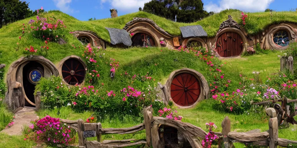 Prompt: hobbiton in the style of howl's moving castle