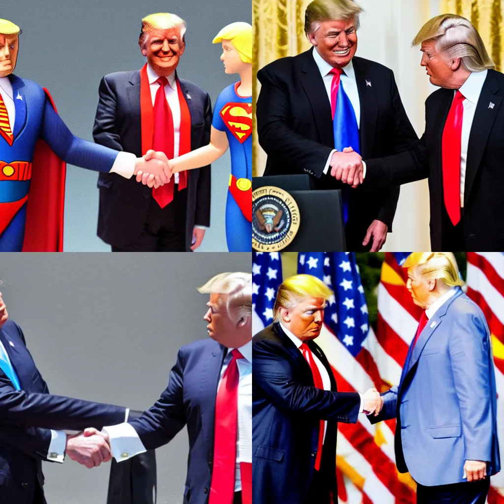 Prompt: Donald Trump and Superman, shaking hands