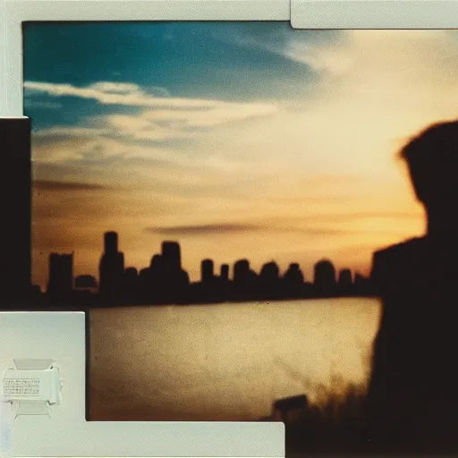 Image similar to instant photograph of a young person looking to the horizon, polaroid, raw, beautiful, nostalgic, light leak, sunset, clouds, city