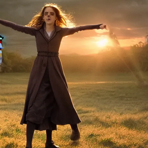 Prompt: Still of Emma Watson as Hermione Granger casting a spell. Prisoner of Azkaban. During golden hour. Extremely detailed. Beautiful. 4K. Award winning.