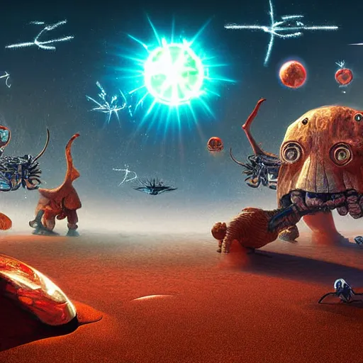 Image similar to laser war between funny creatures on a planet, digital art, award winning 4K