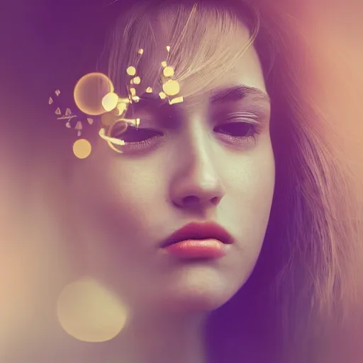 Image similar to a artsy portrait of a woman dreaming about a better world, f 2. 0, leica, highly detailed, bokeh, soft lighting, trending on artstation, perfect face, elegant, geometrical, human like