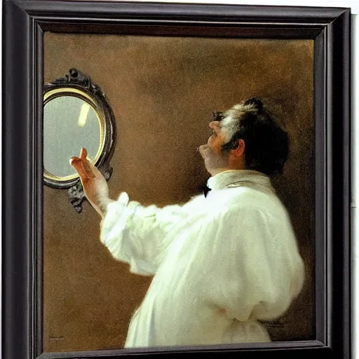 Prompt: gentleman watching in horror as an evil ghost exits a mirror by alfred stevens