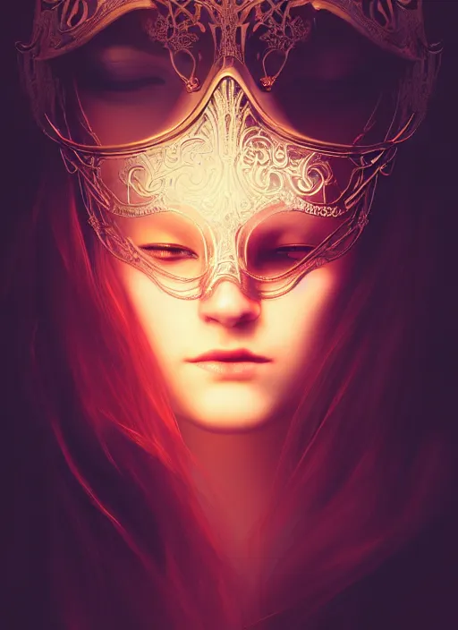 Prompt: centered portrait of a beautiful woman wearing a venetian mask, intricate concept art, ethereal, highly detailed, artstation, smooth, mist, cinematic, dramatic lighting, bloom, darksynth, illuminated lines, outrun, vaporware, 8 k, by ruan jia and ilya kuvshinov and liam wong and alphonse mucha