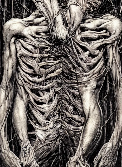 Image similar to stunning bernie wrightson photograph of experimental surgery of a man sewn together to another man with multiple heads multiple arms grotesque twisted vein covered splotchy skin of despair, painful merging of bodies disgusted siamese horror conjoined psychotic painful people award winning style photography