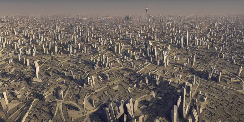 Prompt: a beautiful painting of baghdad city, crowded people, city landscape, zaha hadid, louis kahn, fantasy, futuristic, by yves tanguy, trending on artstation, unreal engine