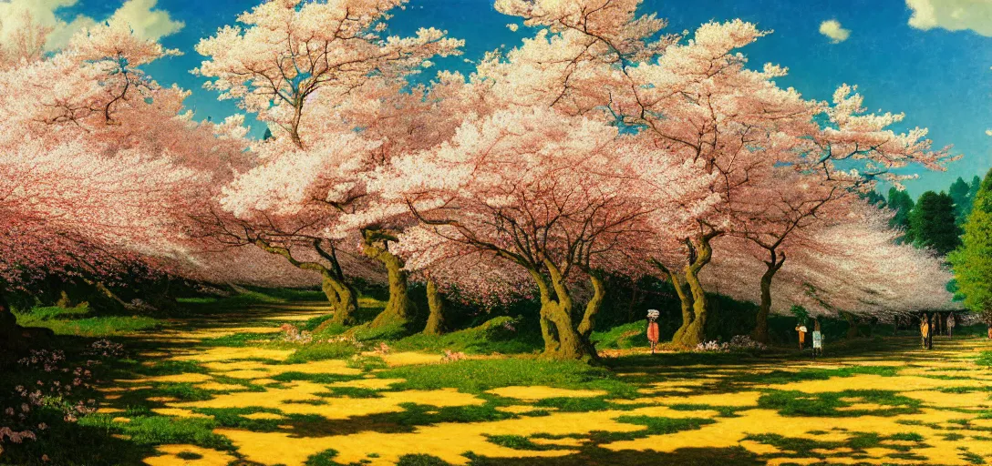 Image similar to ghibli illustrated background of a trail leading through a strikingly beautiful sulfur field, and cherry blossoms by vasily polenov, eugene von guerard, ivan shishkin, albert edelfelt, john singer sargent, albert bierstadt 4 k