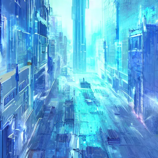 Prompt: urban city getting magically shredded into blue particles, concept art, trending on artstation, painting