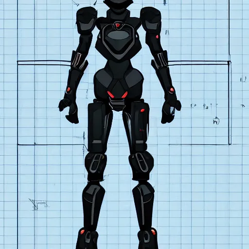 Image similar to T-posing image of a futuristic personal defense mech suit, technical drawing, blueprints, Digital art, detailed