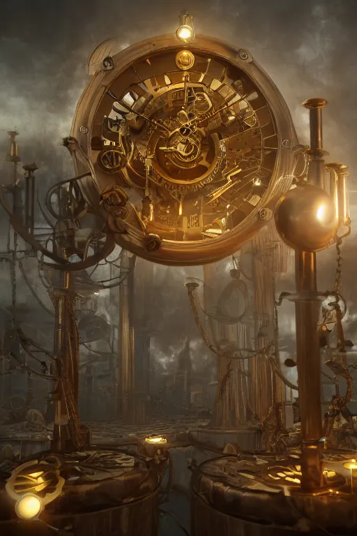 Prompt: steampunk clockwork maze of ivory and gold, volumetric lighting, ray tracing, smoke, octane render, bokeh, artstation