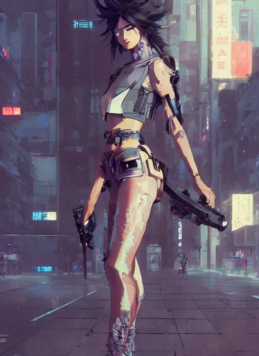 Image similar to hyper - realistic cyberpunk anime woman, standing on tokyo street, extreme detail, concept art, in style of yoji shinkawa, pan ren wei, col price, atey ghailan, by greg rutkowski, by greg tocchini, by james gilleard, by joe fenton, by kaethe butcher, aesthetic