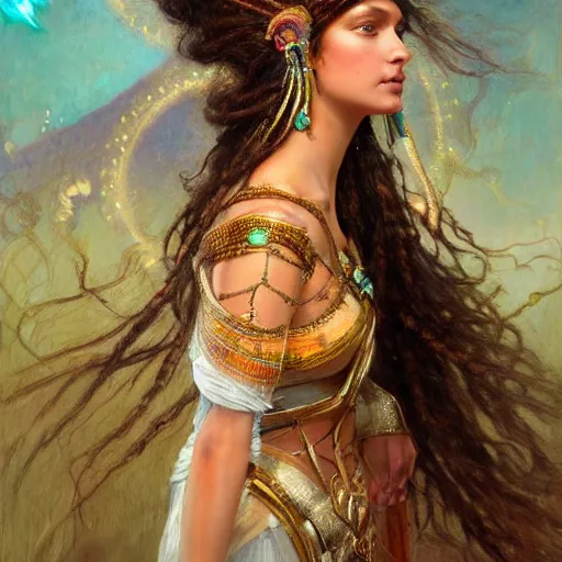 Image similar to artstation, intricate detail, hyper detail, portrait by gaston bussiere, tan skin, lady of elche, egyptian sumerian features, techno mystic goddess princess intergalactica inanna with aqua neon rapunzel dreadlocks,