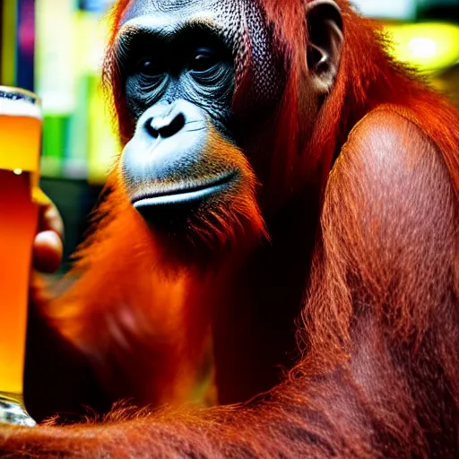 Prompt: orangutan at a pub with a pint of beer in his hand, highly detailed, realistic, beautiful composition, sharp focus, sharp focus