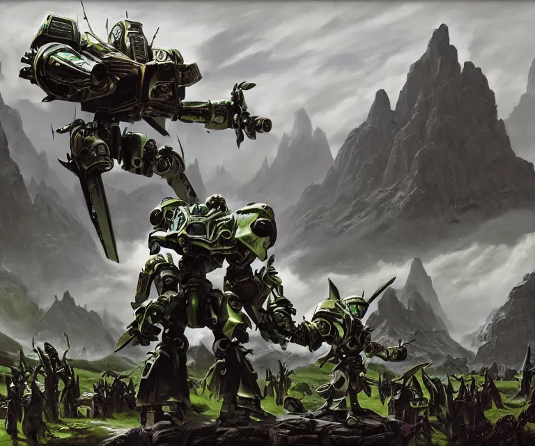 Image similar to stylistic vray 3 d render of sidescrolling shooter robotech warhammer, silver ornate armor warrior, green orcs surrounding him, mountains and giant gothic abbeys in the background!!!, hyperrealism, fine detail, 8 k, artsation contest winner, fantasy art, brush strokes, oil, canvas, by mandy jurgens and michael whelan