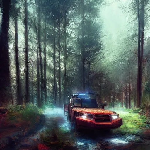 Prompt: a truck in the woods, digital art by ruan jia and mandy jurgens and artgerm, highly detailed, trending on artstation, award winning