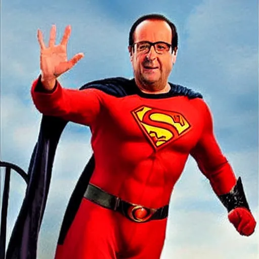 Image similar to francois hollande is a super hero of dc comics, movie atmosphere