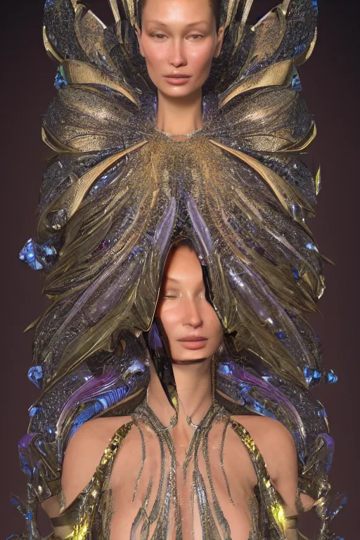 Image similar to a highly detailed metahuman 4 k close up render of an alien goddess bella hadid as andromeda in iris van herpen dress schiaparelli in diamonds crystals swarovski and jewelry in style of alphonse mucha gustav klimt trending on artstation made in unreal engine 4