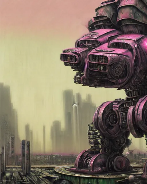 Image similar to hyperrealistic highly detailed exoskeleton mecha iridescent pink brutalist city ruins background concept art santiago caruso de chirico sharp very dramatic green light 8k low angle shallow depth of field