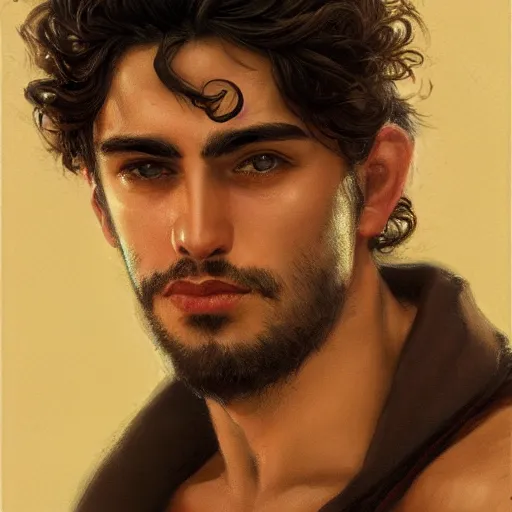 Image similar to portrait of a young italian male, dark shoulder length very curly hair, round nose, angular eyebrows, short patchy beard, closeup portrait, elegant, highly detailed, oil painting, artstation, concept art, matte, sharp focus, illustration, hearthstone, art by earl norem