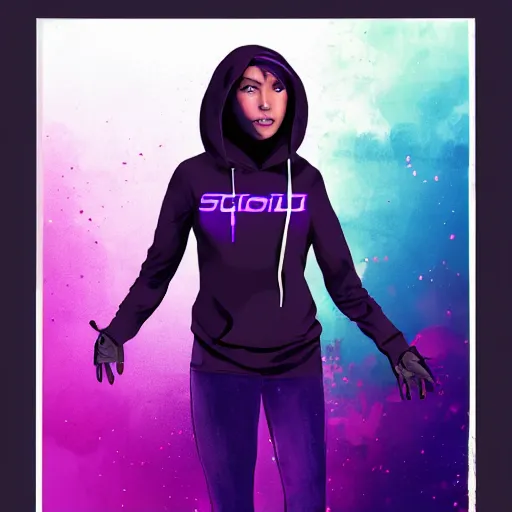 Image similar to poster artwork, sci fi, a female, full body, black hoodie techie, black hair with purple streaks, 8 k