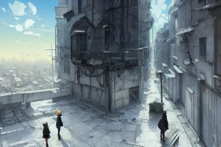 Image similar to baroque oil painting of anime key visual concept art of girl's last tour scenery official art, white clean abandoned concrete cityscapes, trending on artstation, palette knife and brush strokes, oil on canvas, style of makoto shinkai greg rutkowski studio ghibli