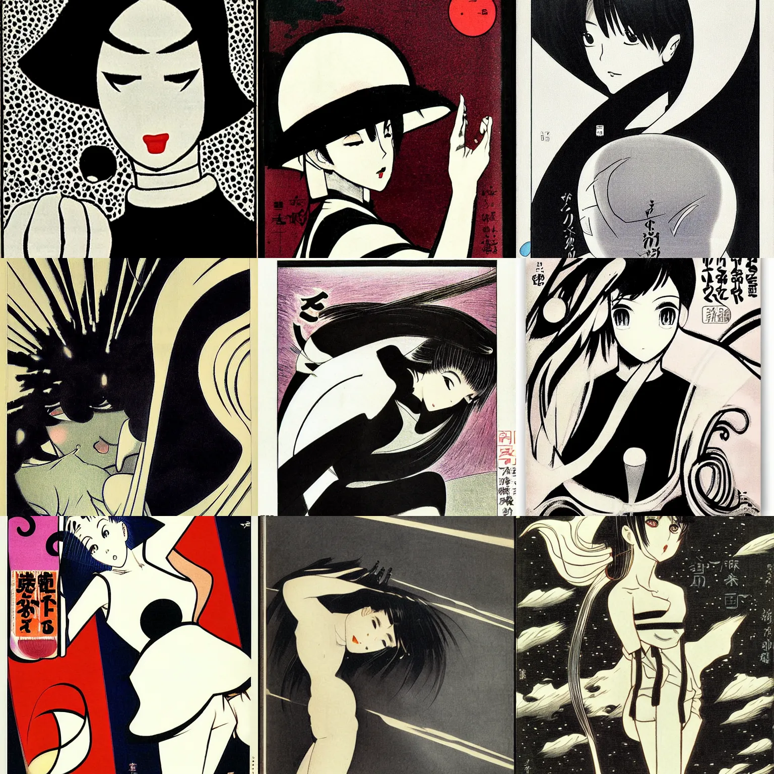 Prompt: white and black manga cover dream by ueshiba riichi, ( sakura kinomoto ), mysterious x, italian futurism