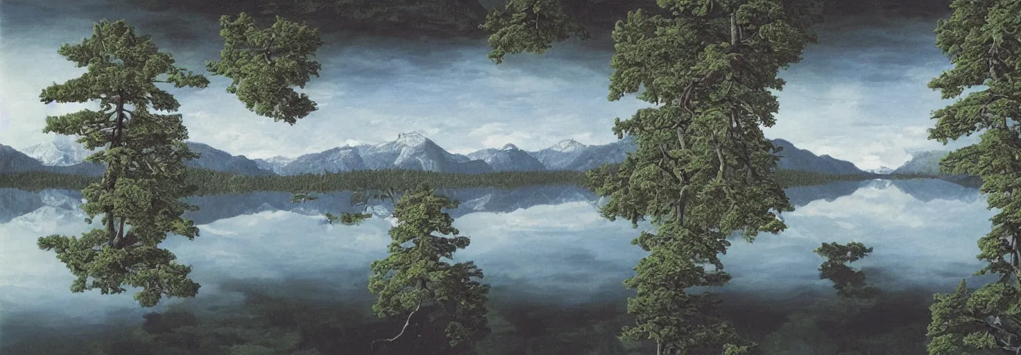 Image similar to escher painting of a lake, big trees reflecting on lake surface, mountains at background, snowy, ultra sharp, ultra detailed, uplifting emotion, colorized by salvador