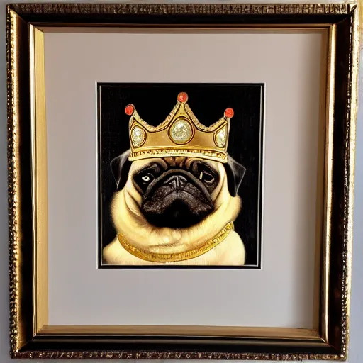 Image similar to regal pug in kings clothing and crown, oil painting, framed