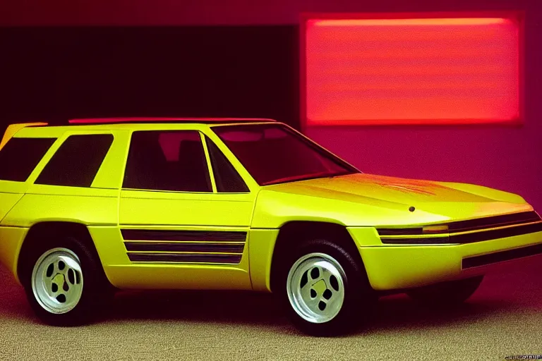 Image similar to designed by giorgetto giugiaro stylized poser of a single 1 9 8 0 dakar prepped land cruiser testarossa, thick neon lights, ektachrome photograph, volumetric lighting, f 8 aperture, cinematic eastman 5 3 8 4 film