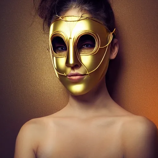 Prompt: a portrait of a woman wearing a mask made out of golden wire, speculative fashion, highly detailed 8k photography, cinematic lighting, centred in image, trending on artstation H 768