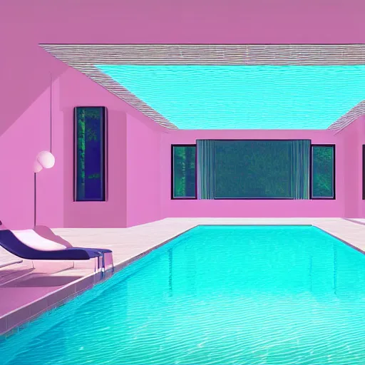 Image similar to a sunlit indoor lounge area with a pool with clear water and another pool with translucent pastel pink water, next to a big window, digital art