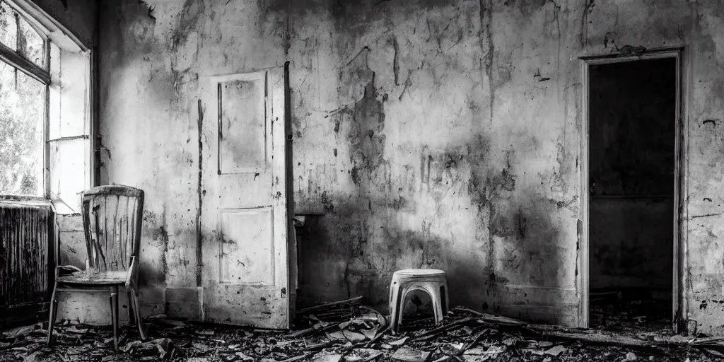 Image similar to a very dark room in a derelict house, black and white, grungy