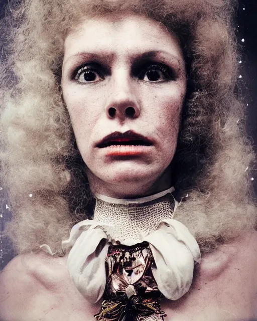 Image similar to an instant photo of a beautiful but creepy woman in dead space, with haunted eyes and curly hair, wearing a vivienne westwood collar, 1 9 7 0 s, seventies, wallpaper, a little blood, moonlight showing injuries, delicate embellishments, painterly, offset printing technique, by mary jane ansell