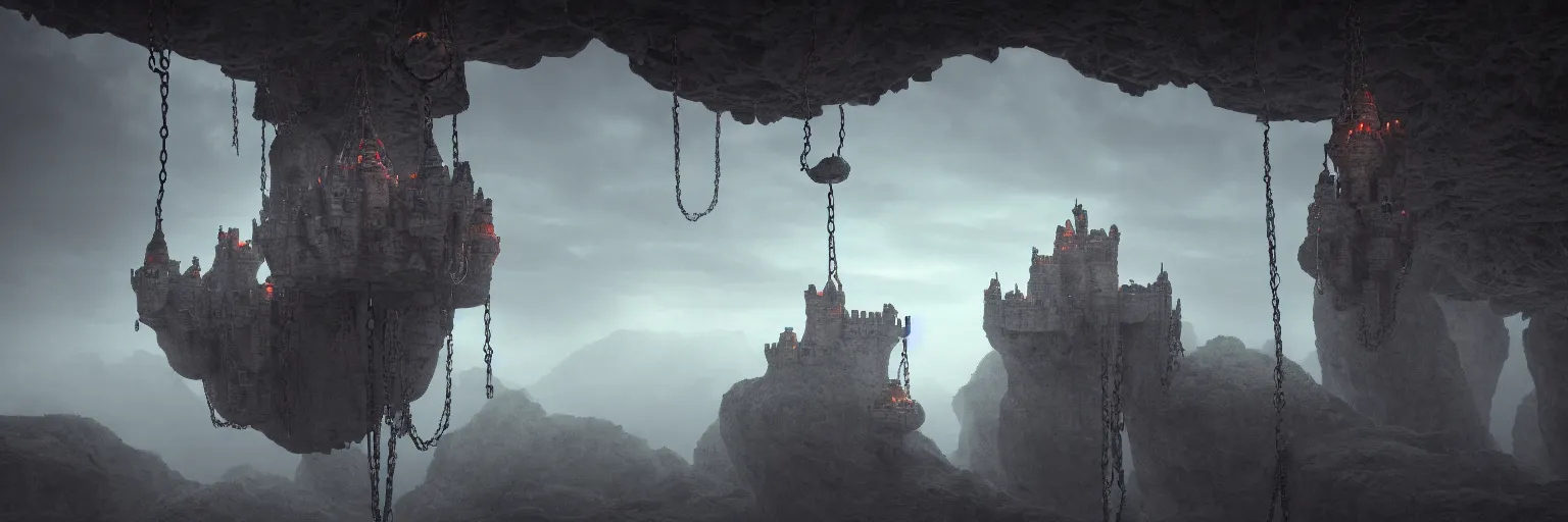 Prompt: floating castle hanging by chains in the air, inside a gorge, below only cloud dark void, 8k resolution, octane,