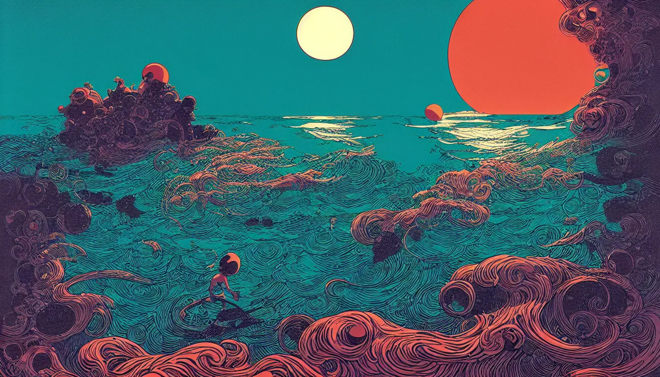 Image similar to ocean sunset by enso, jamie hewlett, nicolas delort, moebius, victo ngai, josan gonzalez, kilian eng