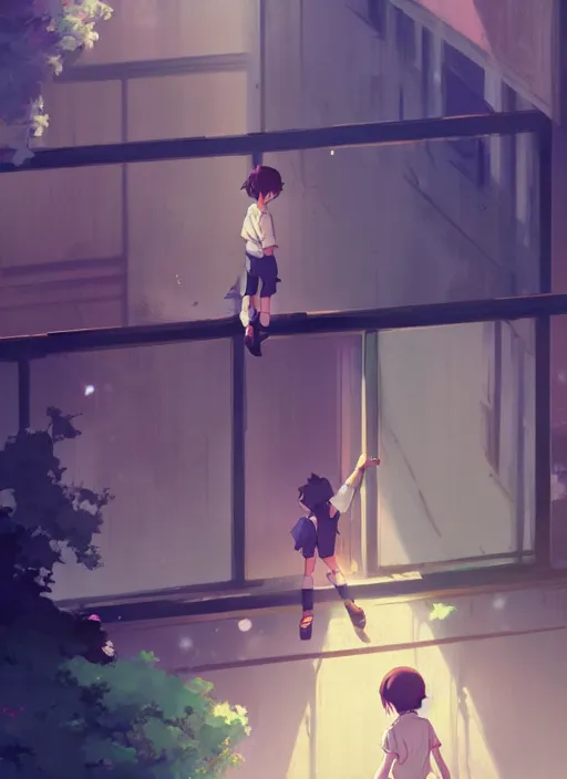 Prompt: boy on ground waving to a pretty girl on the second floor, illustration concept art anime key visual trending pixiv fanbox by wlop and greg rutkowski and makoto shinkai and studio ghibli