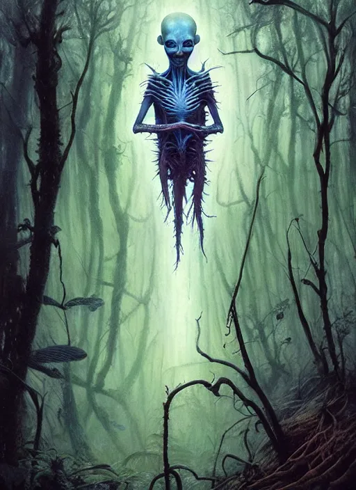 Image similar to hyper realistic spooky alien in the woods in a river gorgeous lighting, lush forest foliage blue sky a hyper realistic painting by chiara bautista and beksinski and norman rockwell and greg rutkowski, tom bagshaw weta studio, and lucasfilm