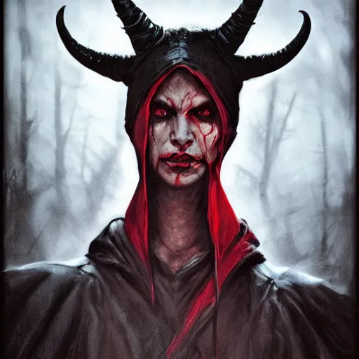 Prompt: masterpiece portrait of a surly and resentful female tiefling thief with red skin wearing a black hooded cloak and a thief's leather garb with horns sticking out of the hood, grumpy body language, by Greg Rutkowski, as seen on ArtStation, 4k, dungeons and dragons, very aesthetic, very detailed, intricate, unreal, fantasy, dramatic, painterly, artstation, sharp focus, smooth