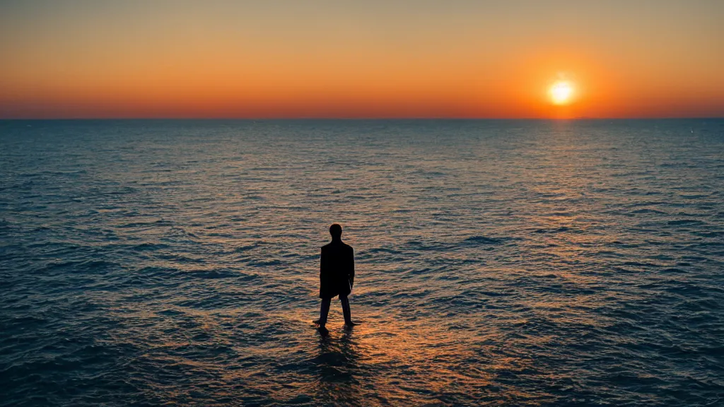 Image similar to a dramatic movie still of a man standing on the roof of a car driving through the ocean at sunset, golden hour