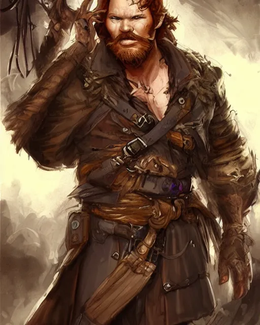 Prompt: chris pratt as an ugly drunken pirate with a big ginger beard and a large moustache, ginger hair, ugly, bags under his eyes, dark eyes, he wears a big coat, scruffy. character concept art. royo, artgerm, wlop. fashion. dnd. trending on artstation.