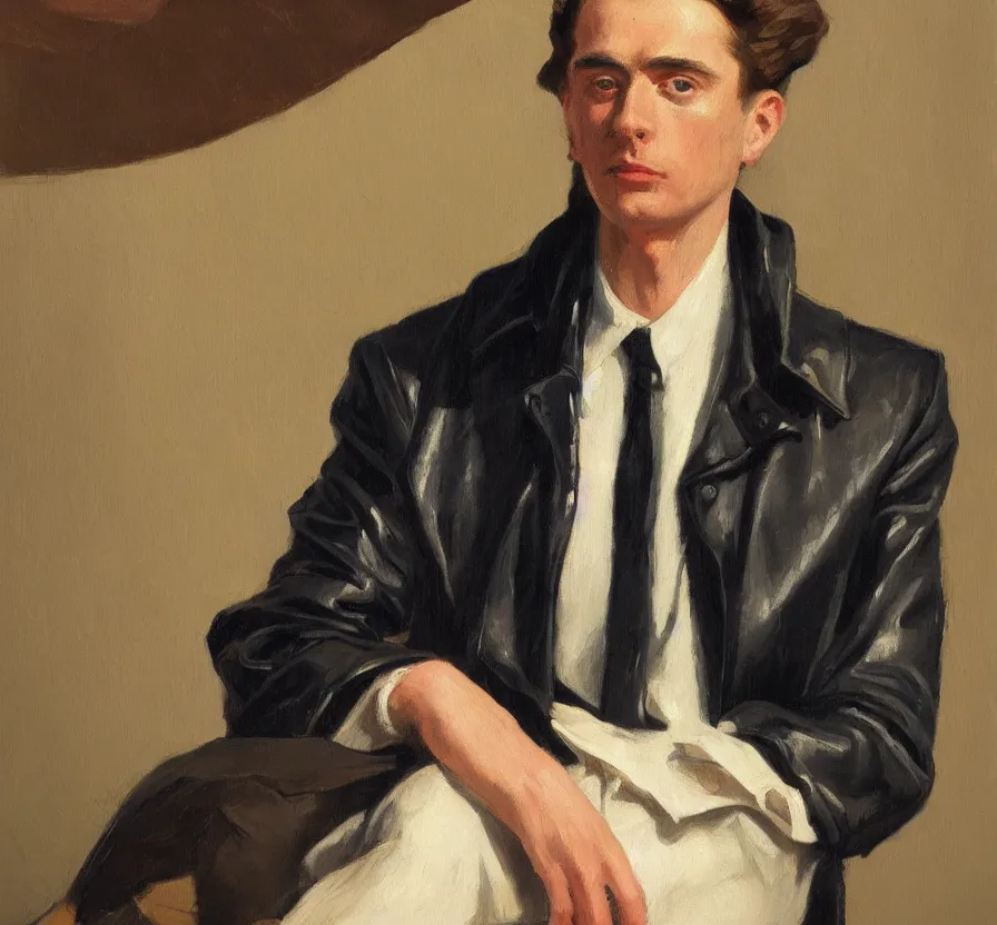 Image similar to a very detailed portrait of a man wearing an 8 0 s jacket with big shoulder pads, very aesthetic leather jacket, detailed closeup of leather jacket, front shot, in the style of edward hopper and oswald hornby joseph birley and susan ryder, very small brushstrokes, 4 k,