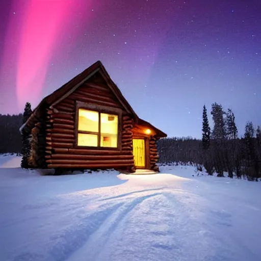 Image similar to a small log cabin in a snow covered, mountainous landscape below a night sky displaying the northern lights, trending on artstation