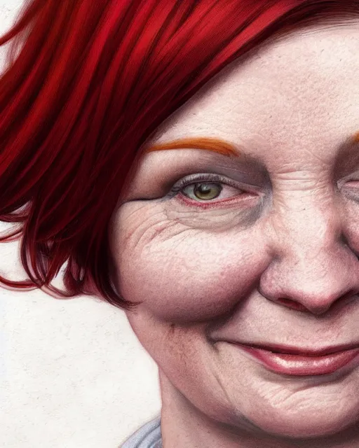 Image similar to portrait of short and plump 5 0 - year - old woman with red hair and, happy kind face, round face, short hair, molly weasley, wearing in cardigan, hyper realistic face, beautiful eyes, character art, art by mark brooks, hyperdetailed, cryengine, trending on artstation, digital art