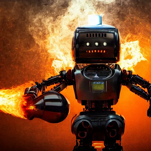 Image similar to toaster oven terminator robot, dark messy smoke - filled cluttered workshop, dark, dramatic lighting, orange tint, sparks, plasma charge, cinematic, highly detailed, sci - fi, futuristic, movie still