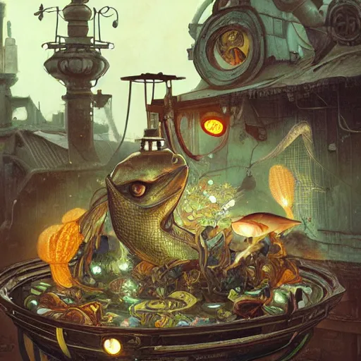 Prompt: a massive baroque gas lantern full of fish in the middle of a junkyard with alien fungi, chiaroscuro, manga illustration, artgerm, greg rutkowski, alphonse mucha