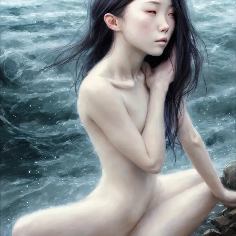 Image similar to epic cinematic portrait of a girl by the river, portrait as miho hirano, with loose white hair, shiny skin, slim figure, small details, realistic poster with three - dimensional dramatic light, artgerm, jeremy lipkin and michael garmash, unreal engine, radiant light, detailed and complex environment, digital art, trends at art station